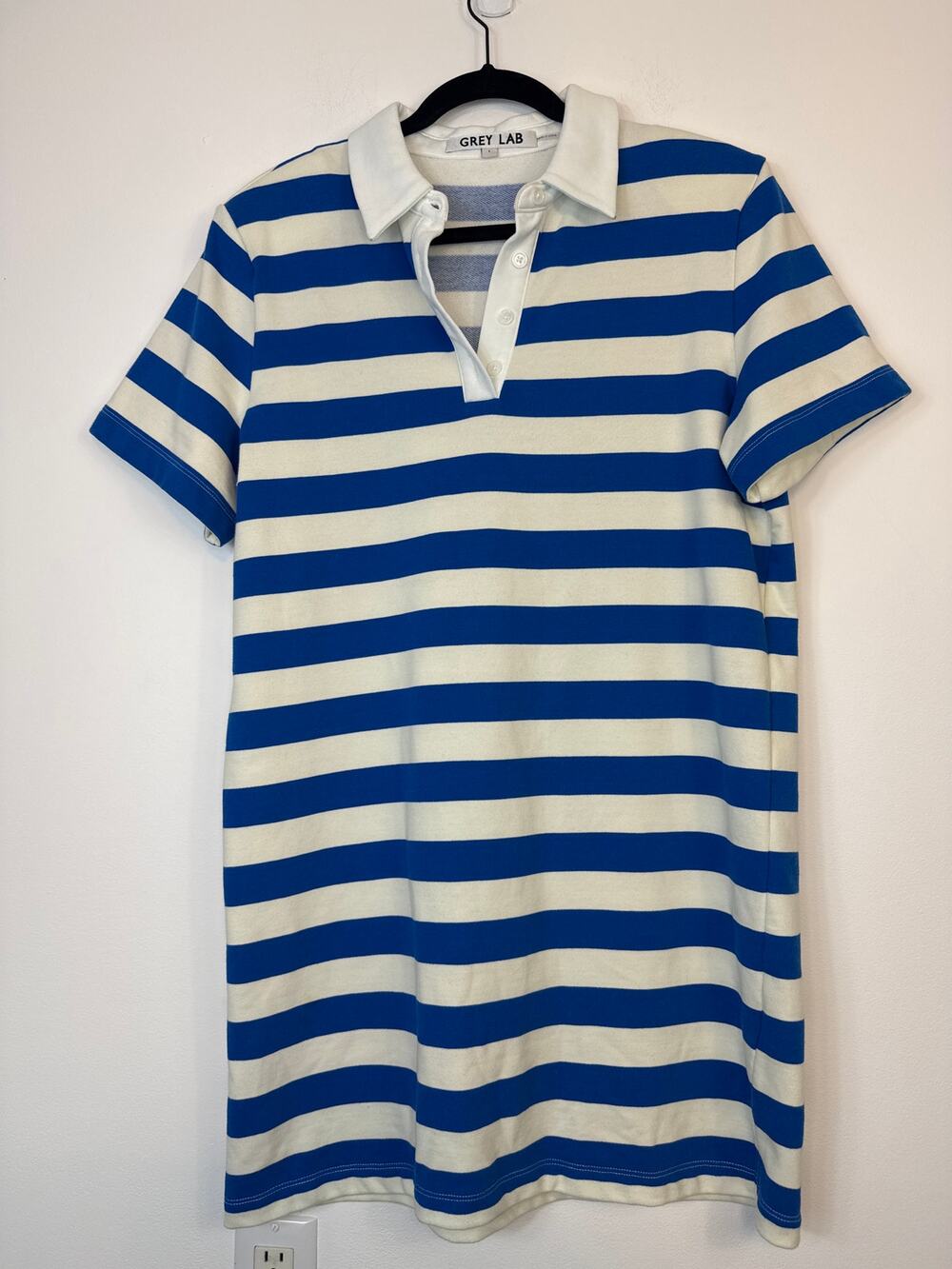 Grey Lab Stripe Polo Shirt Dress Classic Collar Blue White Stripe Size Large
